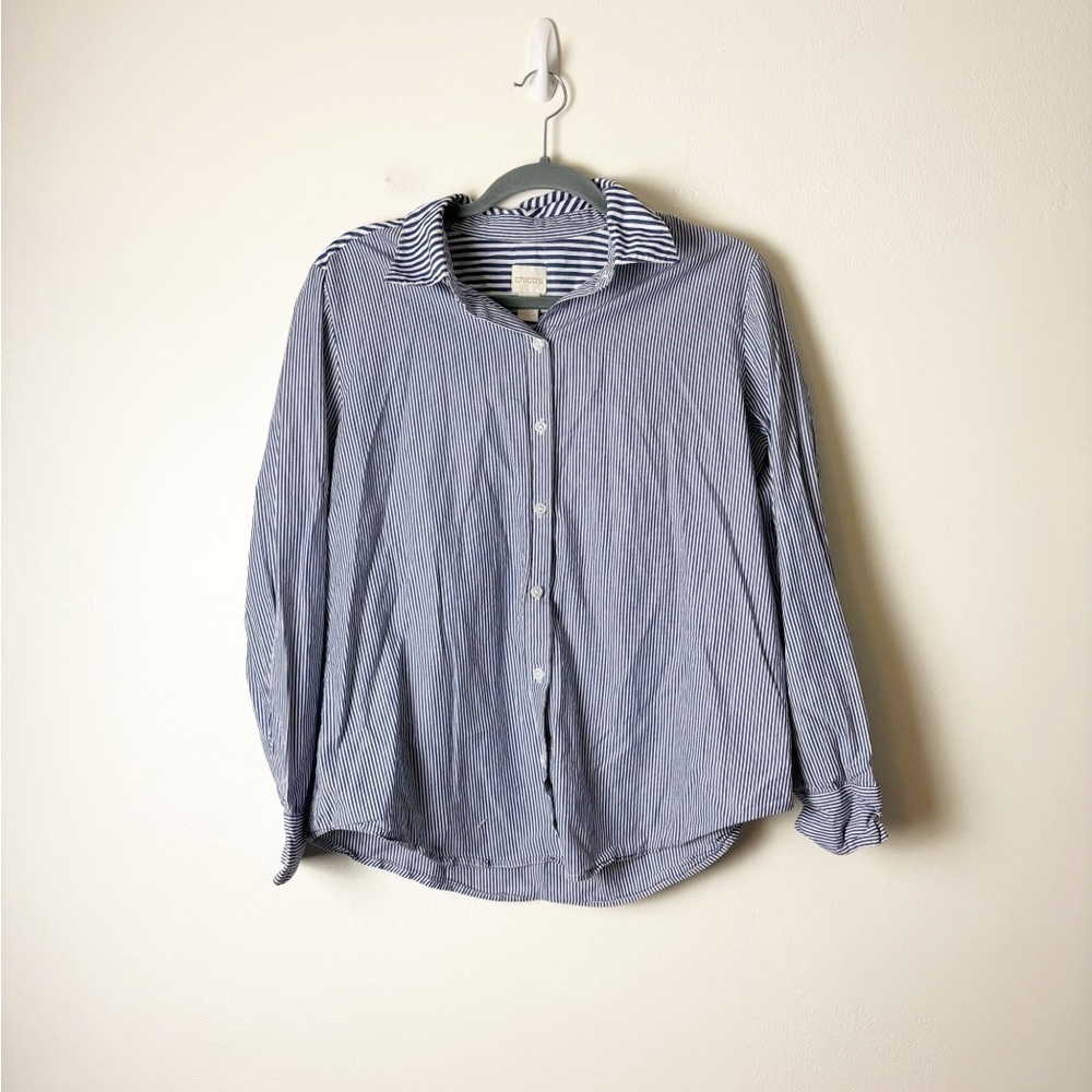 CHICOS • Women’s Mixed Stripe Button Down Shirt Blue White Cotton Size 1 = M